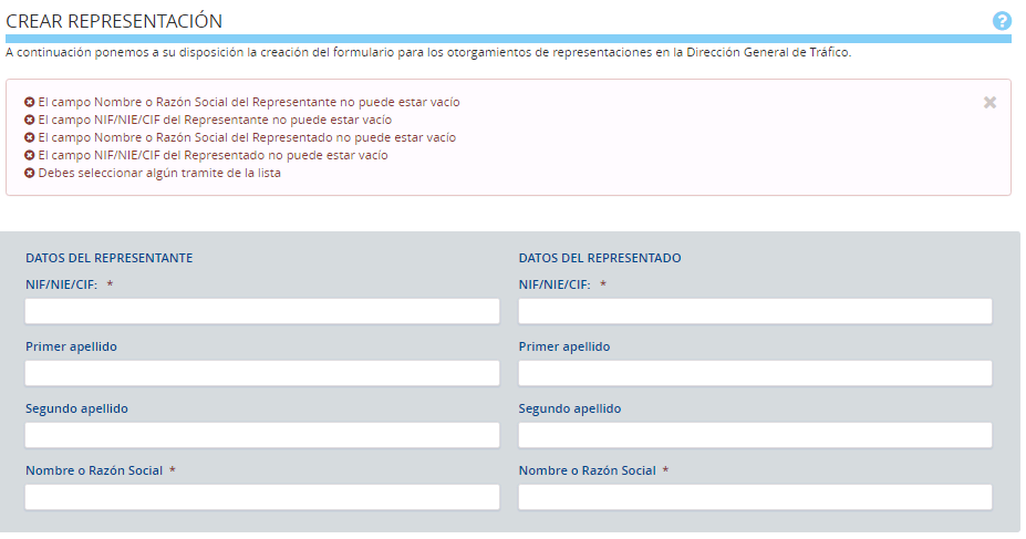Procedimientos de la DGT para cuyos trámites se pueden crear representaciones